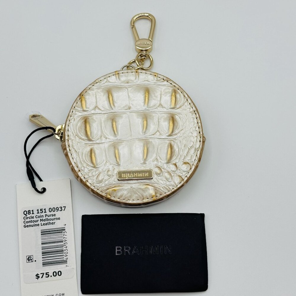 Brahmin Circle Coin Purse Contour Melbourne Croc Embossed Ivory Gold Leather
